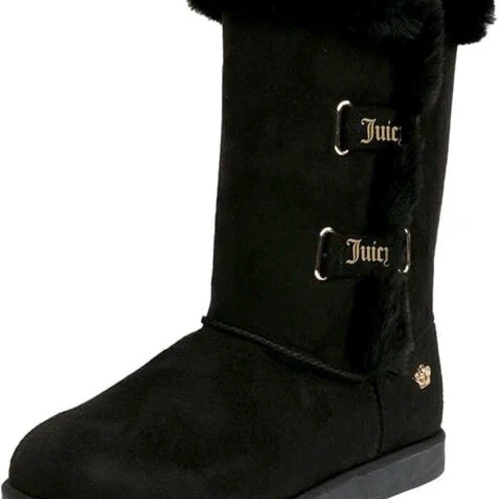 Juicy Couture Black Faux-Fur Mid-Calf Boot with Logo Hardware